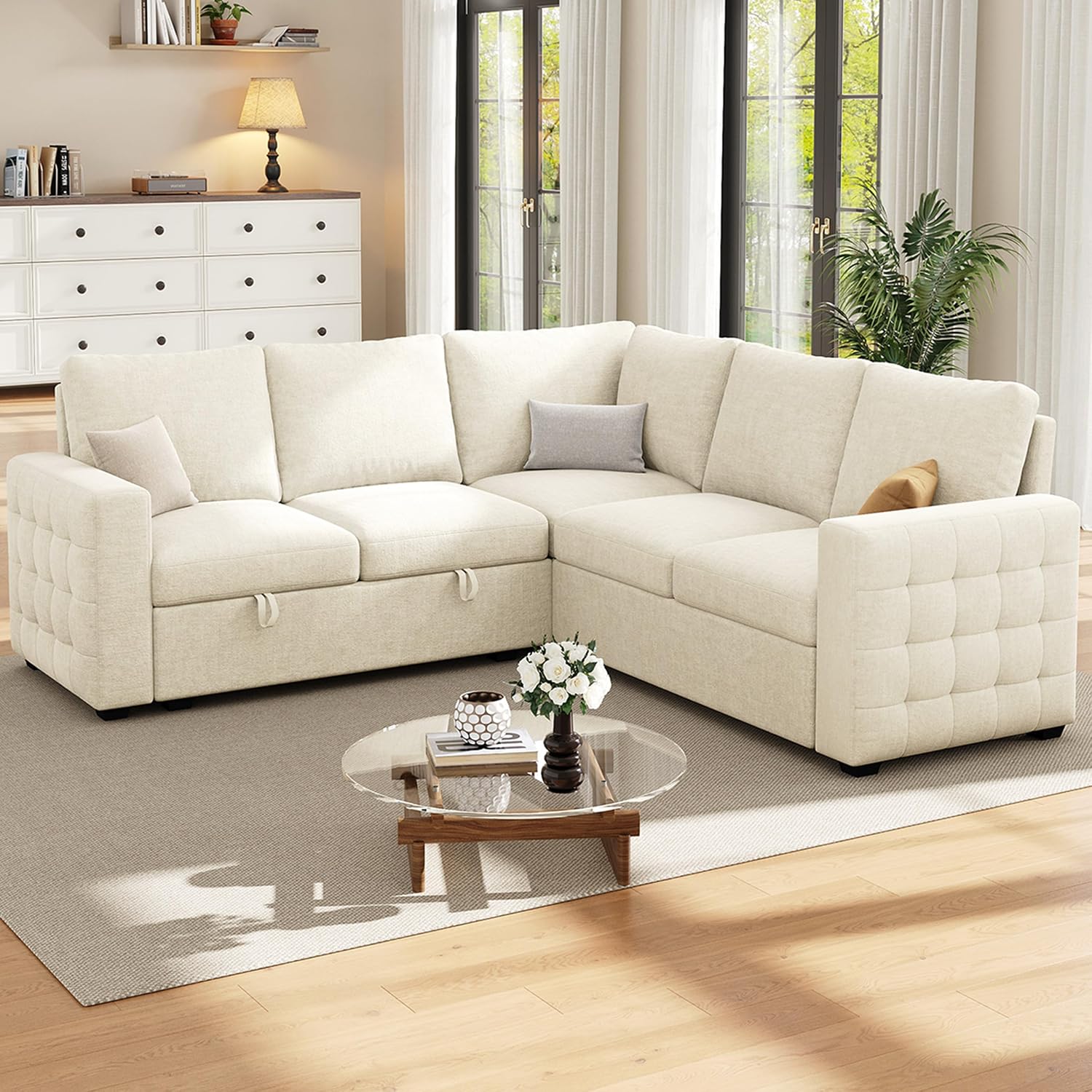 86' Sectional Sleeper Sofa Bed, Sleeper Couch with Pull out Bed, L Shaped Couch with Storage, Modular Sectional Sofa， Sectional Couches for Living Room&Apartment, Convertible Sofas, Beige Couches