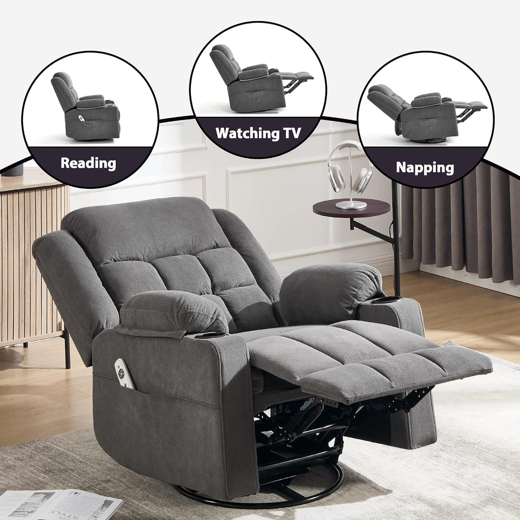 Swivel Rocker Recliner Chair with Massage and Heating,Cup Holders,Glider Recliner for Adults,Soft Fabric Living Room Nursing Reclining Sofa Chair