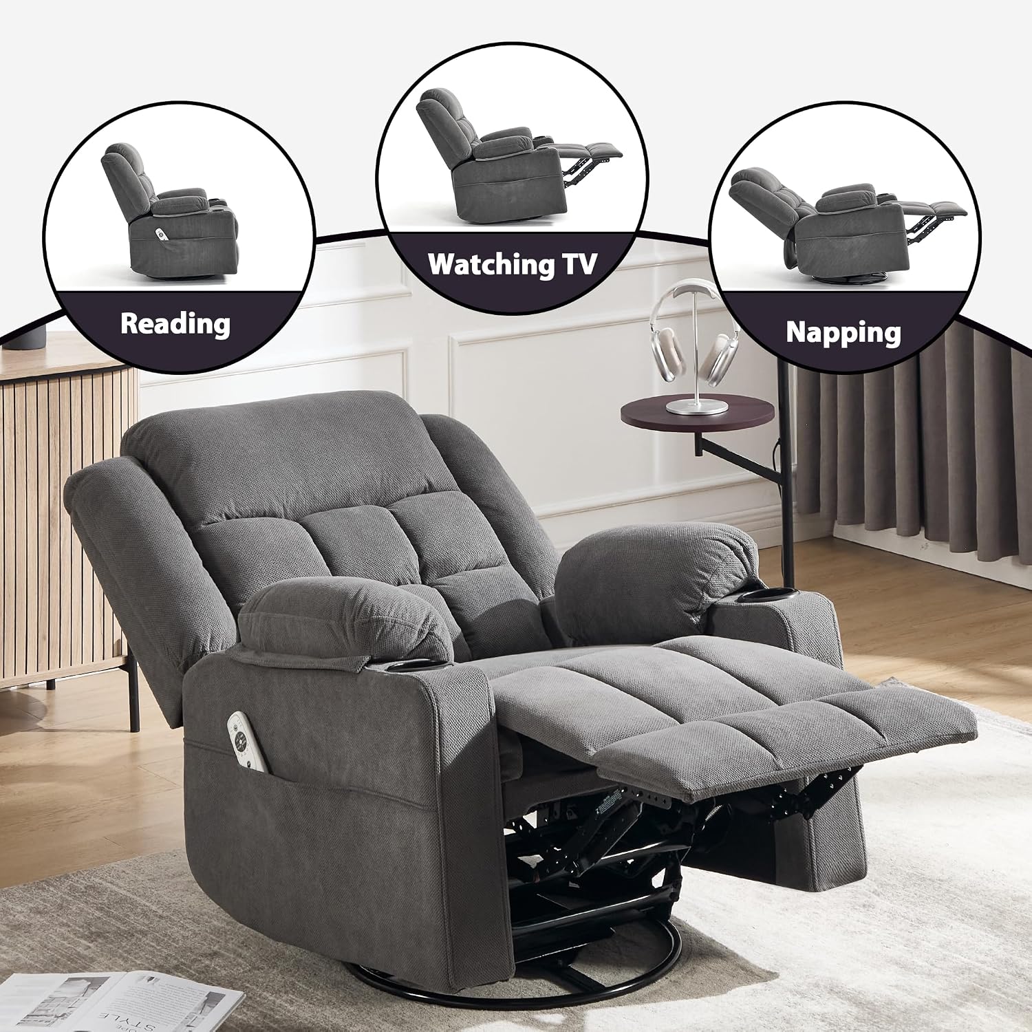 Swivel Rocker Recliner Chair with Massage and Heating,Cup Holders,Glider Recliner for Adults,Soft Fabric Living Room Nursing Reclining Sofa Chair
