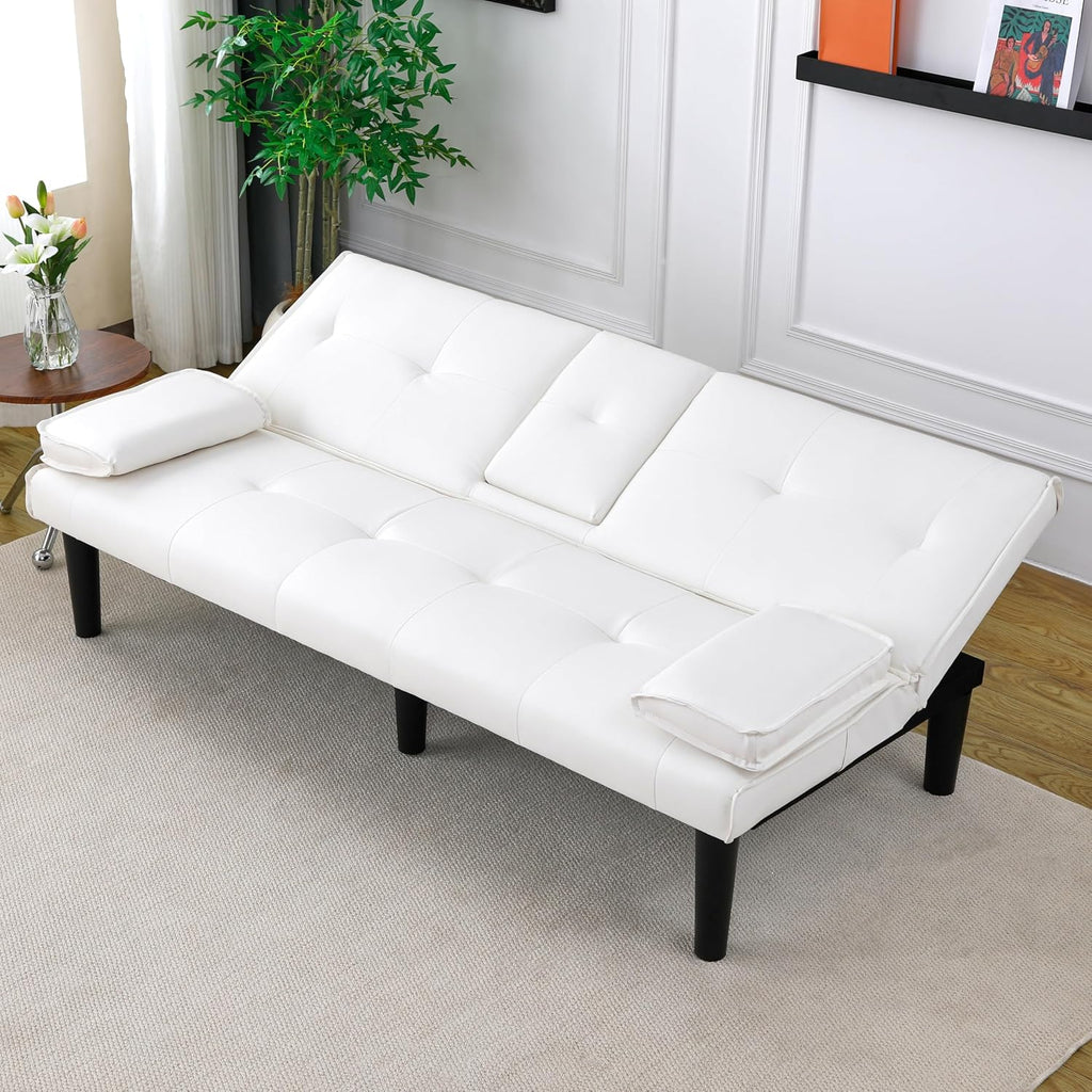 KEIKI 67' Convertible Sofa Bed with Cup Holder, 3 in 1 Futon Sleeper Sofa Chair, PVC Upholstered Sofa for Living Room or Office, White