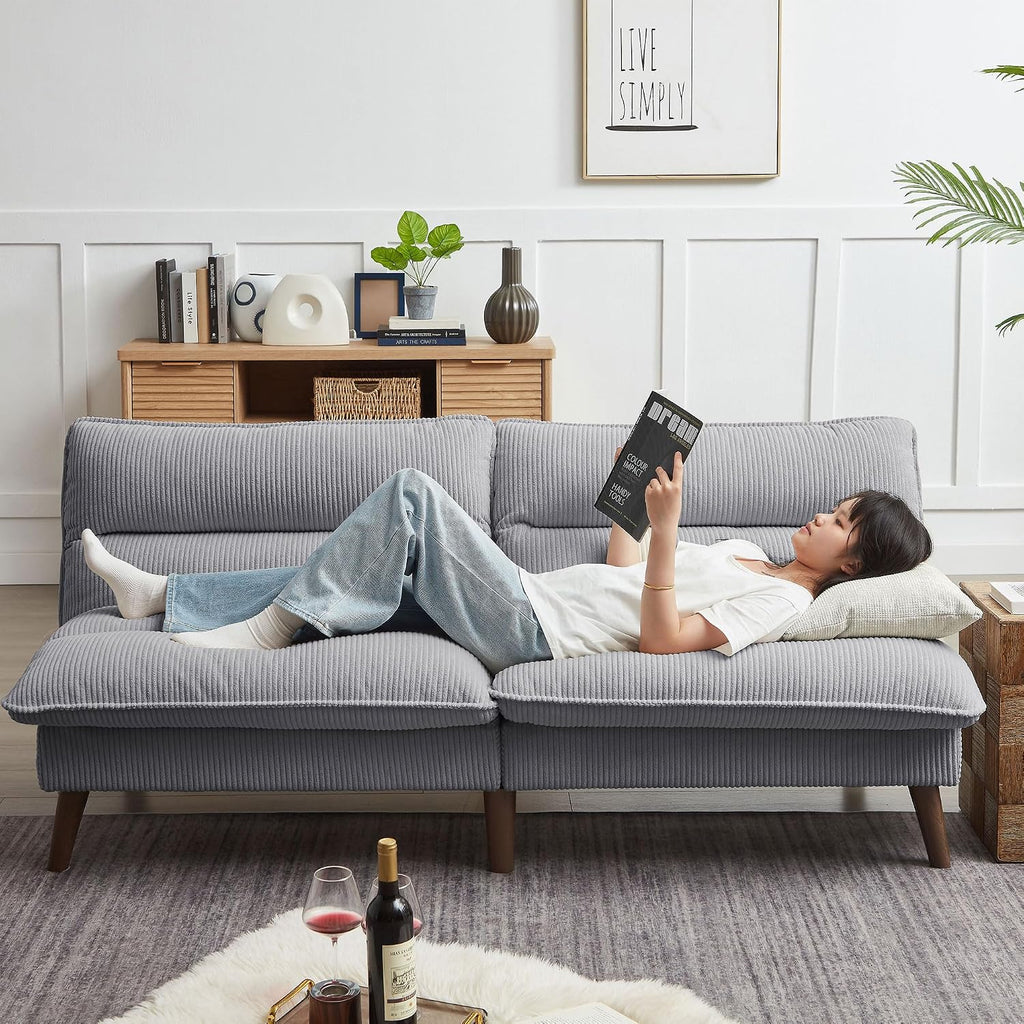 72' Futon Sofa Bed, Futon Couch with Adjustable Backrest, Recliner Small Loveseat for Living Room, Office, Apartment, Corduroy Loveseat, Light Grey
