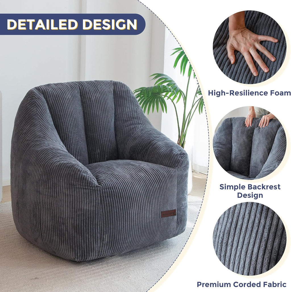 MAXYOYO Bean Bag Chair, Bean Bag Sofa with Filler, Cozy Living Room Chair for Adults and Kids, Stuffed Floor Sofa for Bedroom Dorm Reading, Dark Grey