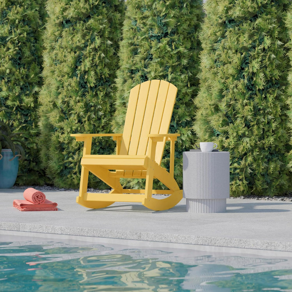 Flash Furniture Savannah Poly Resin Wood Adirondack Rocking Chair - All Weather Yellow Polystyrene - Stainless Steel Hardware