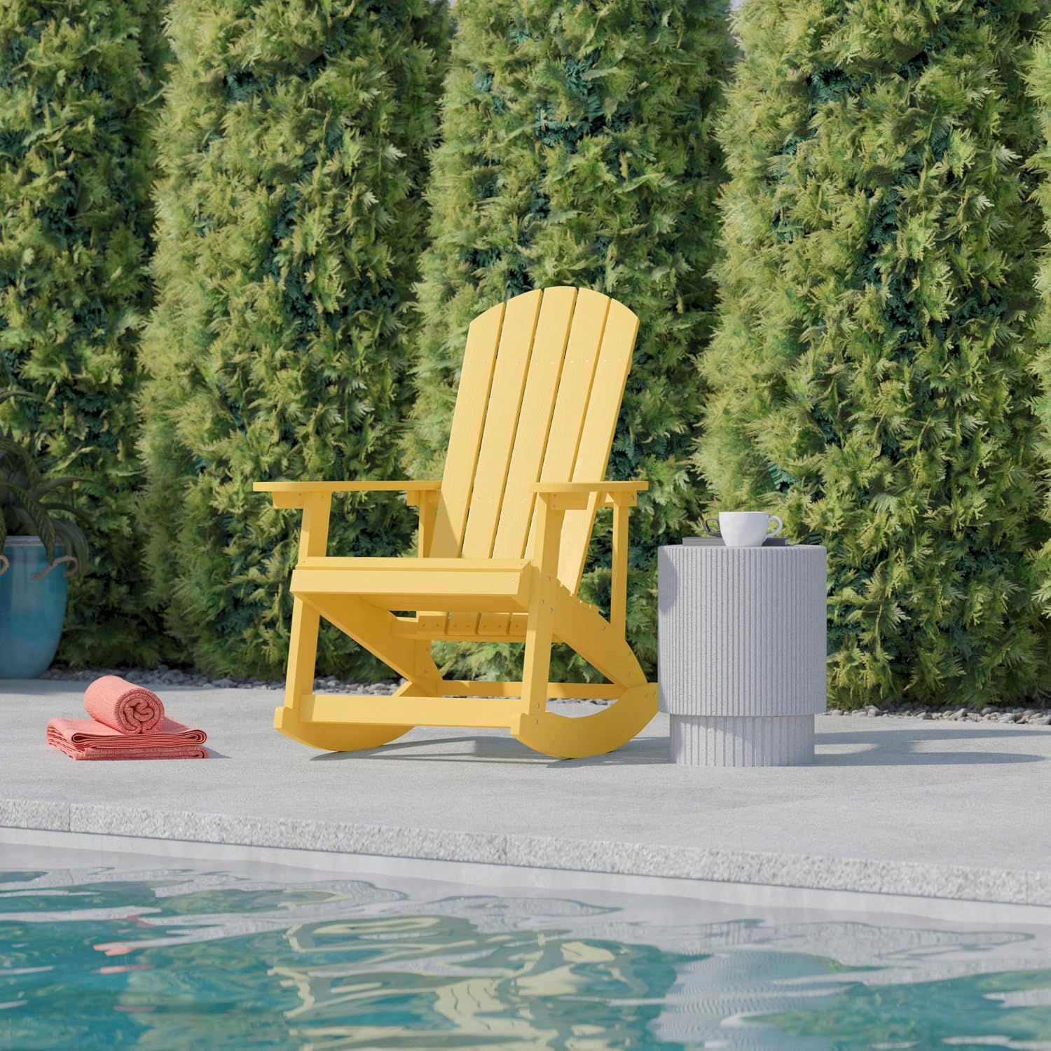 Flash Furniture Savannah Poly Resin Wood Adirondack Rocking Chair - All Weather Yellow Polystyrene - Stainless Steel Hardware