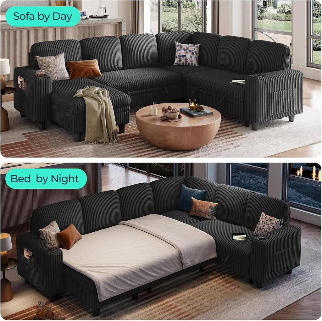 LINSY HOME Sectional Sleeper Sofa with Pull Out Couch Bed - Convertible Plush Corduroy Cloud Couch with Storage Chaise & USB Charging, Comfy Modular Couches for Living Room, Black
