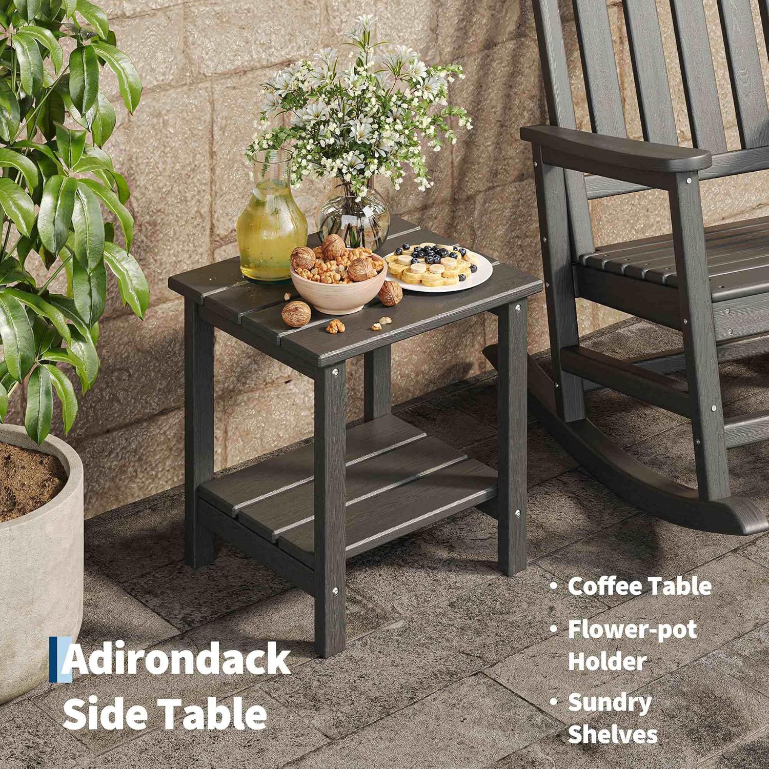 Garvee HDPE Rocking Chair Outdoor Set of 2 with Side Table - Poly High Back Porch Rocker Chairs for Adults - All Weather Resistant Furniture for Patio Front Porch - Black