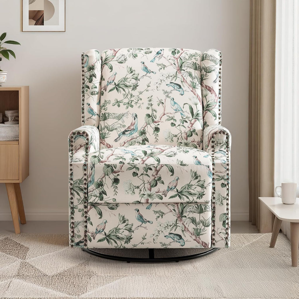 Swivel Rocker Recliner Chair, 360° Swivel Wingback Recliner Chairs for Adults, Upholstered Printed Fabric Glider Rocking Chair with High Back, Deep Seat for Living Romm Bedroom, Bird