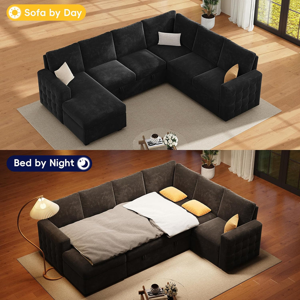 104' Sectional Sleeper Sofa Bed, Pull Out Couch with Storage, Modular Cloud Sofa with Chaise, 7 Seat U Shaped Sectional Couches for Living Room& Apartment, Convertible Sofas, Black Couch