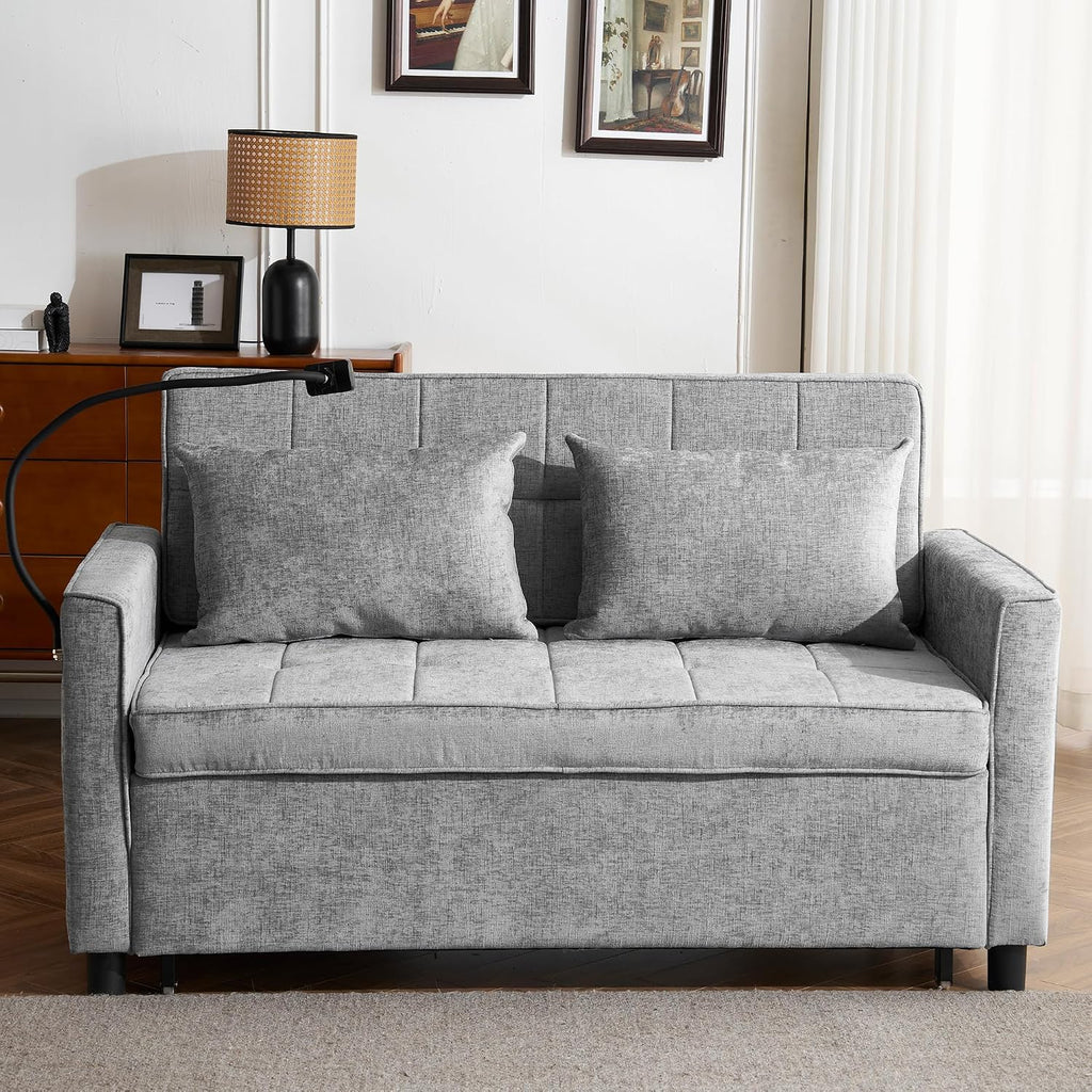 Merax 3 in 1 Convertible Sleeper Sofa Bed, Futon Couches for Living Room with USB Ports | Phone Holder| Reversible Backrest | Pull Out Couch |Small Loveseat,Grey