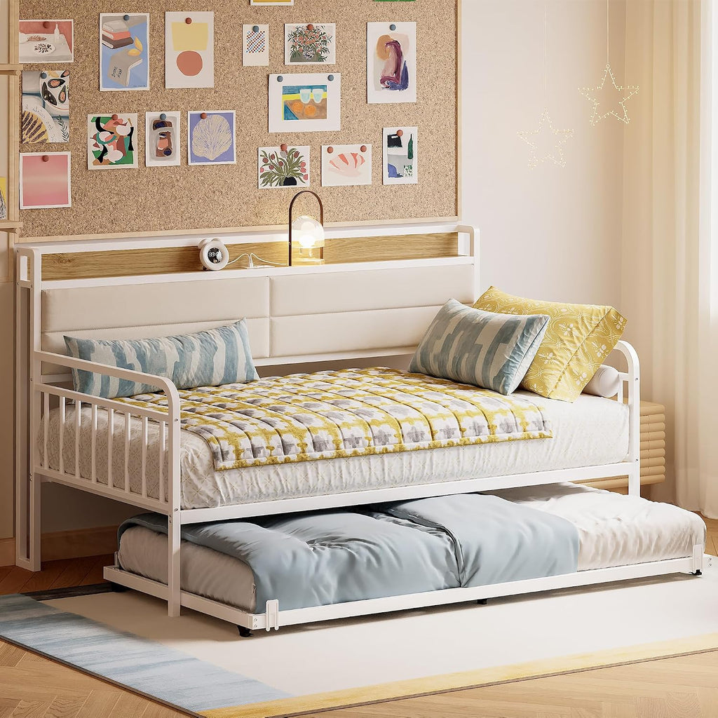 LIKIMIO Daybed with Trundle, Sturdy Metal Twin XL Size Bed Frame with Upholstered Headboard and Charging Station for Living Room, Bedroom and Guest Room, White