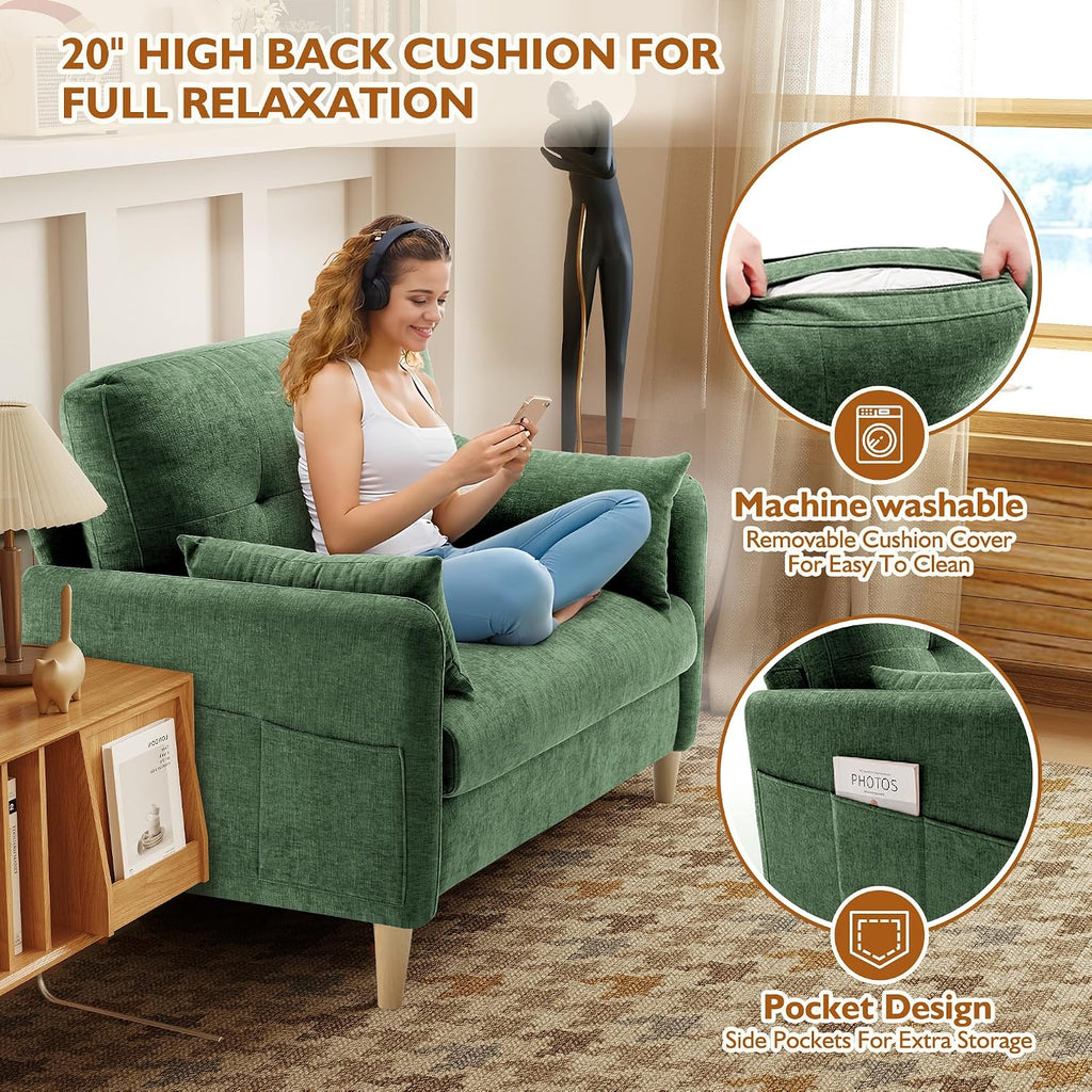 Urhanherry 47' Small Sofa Couch for Bedroom, Soft Chenille loveseat Mini Couch with Throw Pillow and Removable Cushion Cover for Small Spaces, Living Room, Apartment, Dorm, Office(Green)
