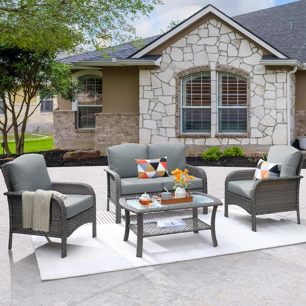 ovios 4-Piece Patio Furniture Set, Outdoor Wicker Sofa with Chairs Coffee Table, High Back Rattan Couch Loveseat with Comfy Cushions for Porch Yard Deck, Dark Grey