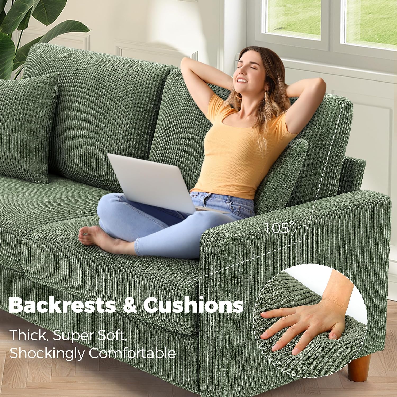 Kidirect 70in U Shaped Couch, Modular Sofa No Tool Assembly, Comfy Sectional Couches for Living Room 21in Deeper Seats, Corduroy Sofas for Living Room with 2 Pillows, Loveseat Sofa Set, Green Couch