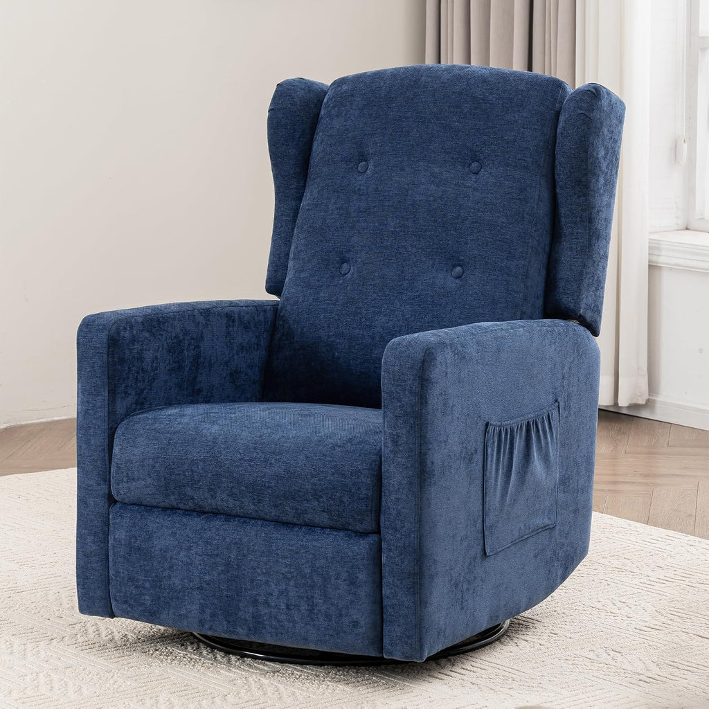 Swivel Rocker Power Recliner Chair for Nursery, 270° Swivel Glider Recliner with USB & Type-C Charging, Electric Reclining Chair with Storage Pockets, Upholstered Recliner for Living Room (NavyBlue)