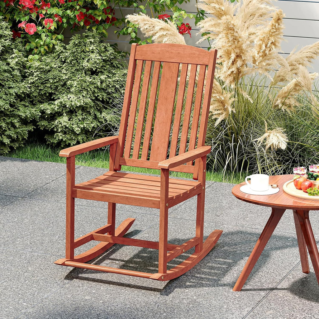 Tangkula Outdoor Patio Wood Rocking Chair, Relaxing Rocker w/High Backrest, Wide Armrests, Curved Seat, for Porch, Patio, Garden, Backyard, 400 LBS Support, Natural (2)