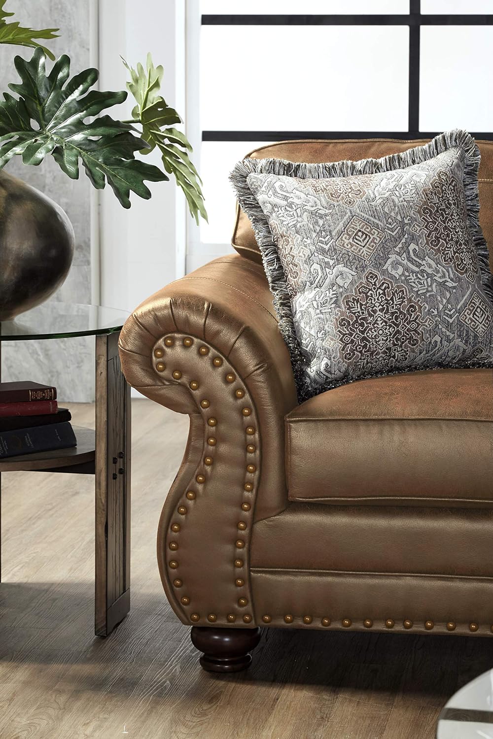 Leinster Faux Leather Sofa with Antique Bronze Nailheads