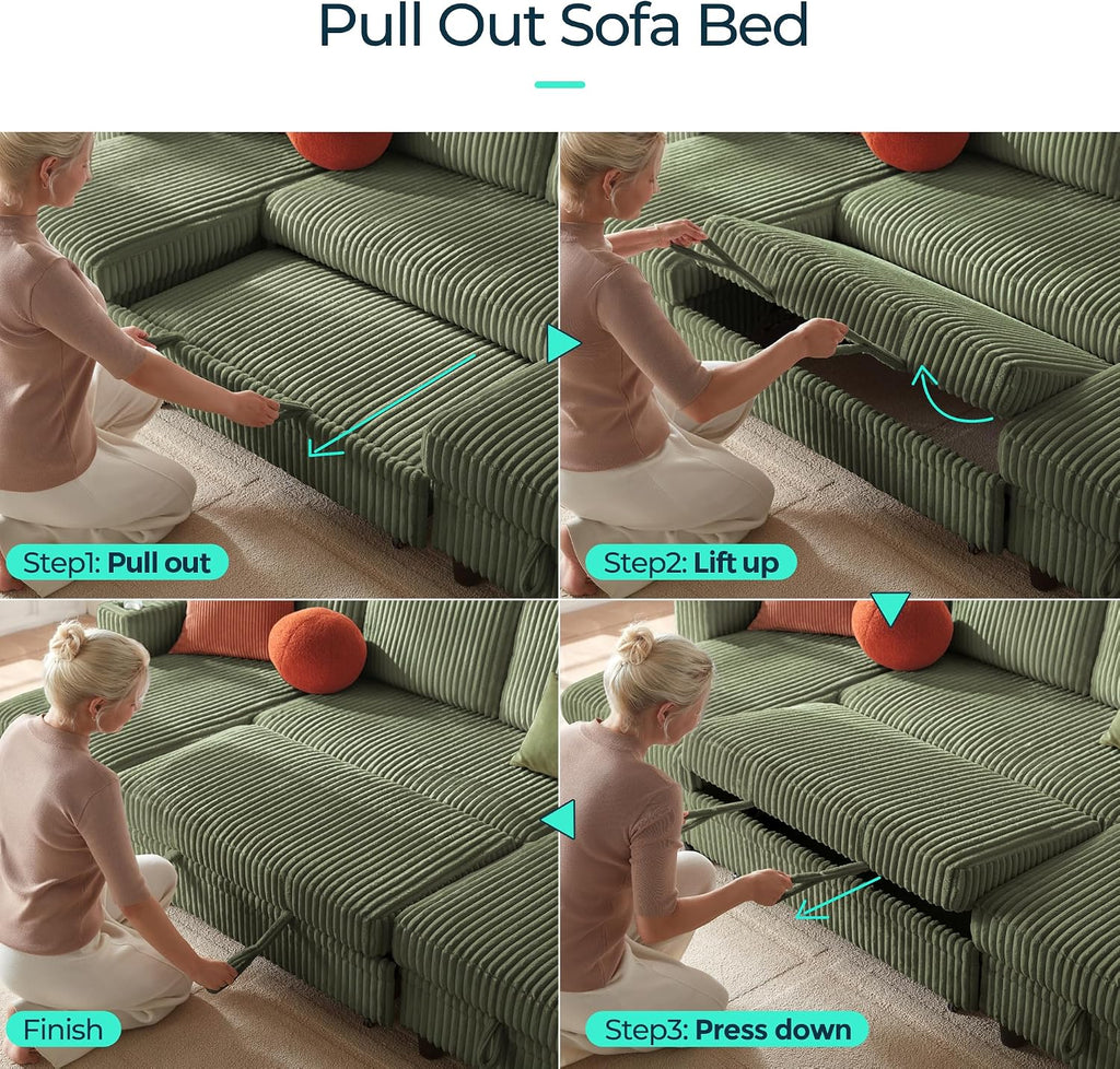 LINSY HOME Sectional Sleeper Sofa Pull Out Couches for Living Room (Green, Sleeper Sofa 3) | Pull Out Sofa Bed, Storage, USB Charging, Cup Holders, Plush Corduroy | Pull Out Sofa Bed, Storage, USB Charging, Cup Holders, Plush Corduroy