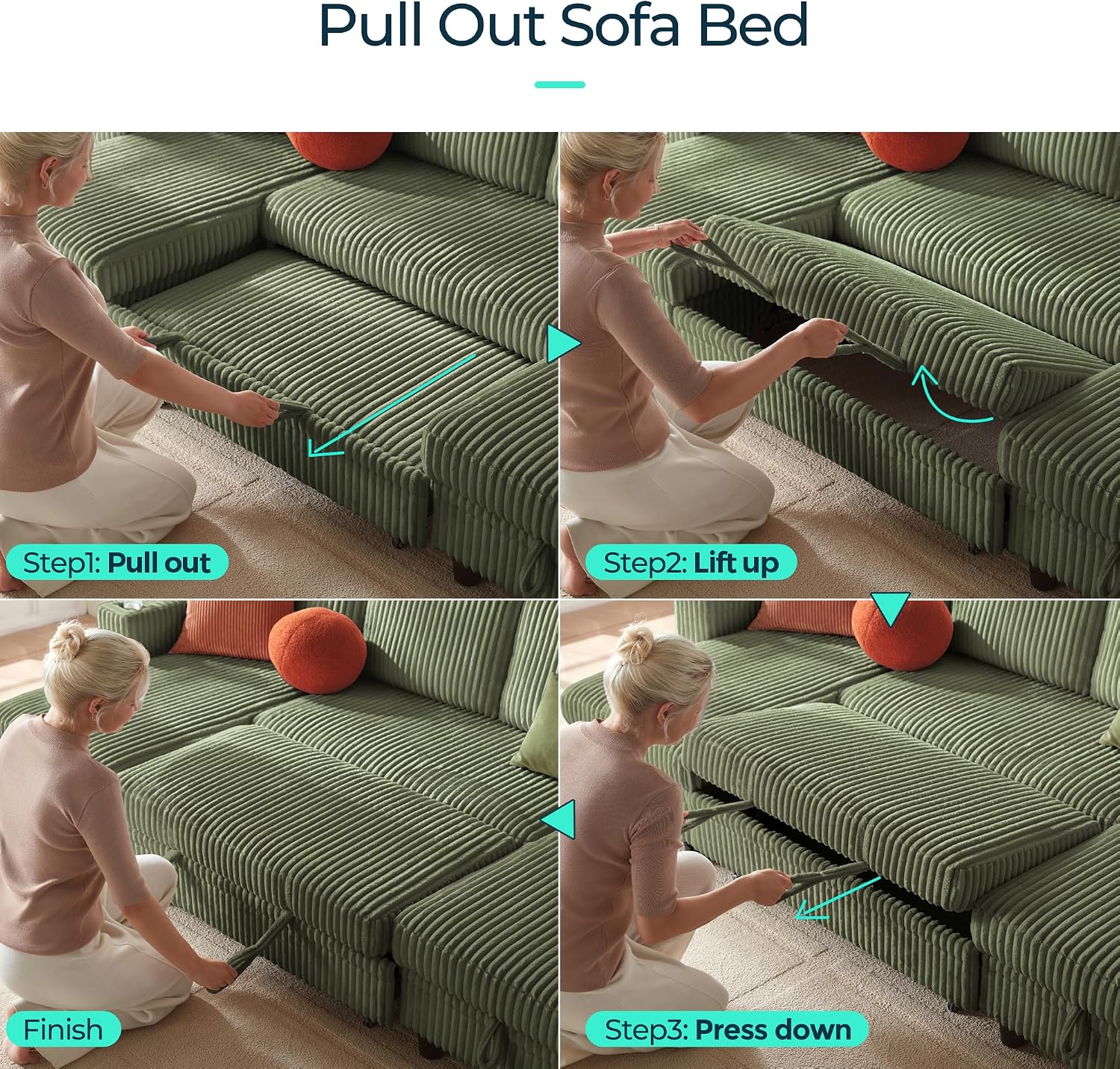 LINSY HOME Sectional Sleeper Sofa Pull Out Couches for Living Room (Green, Sleeper Sofa 3) | Pull Out Sofa Bed, Storage, USB Charging, Cup Holders, Plush Corduroy | Pull Out Sofa Bed, Storage, USB Charging, Cup Holders, Plush Corduroy
