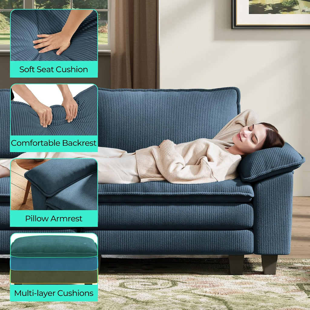 LINSY HOME Modular Sectional Sofa, 5-Seat Corduroy Modern Cloud Couch with Deep Seat, Perfect for Living Room, Office, Bedroom, Blue