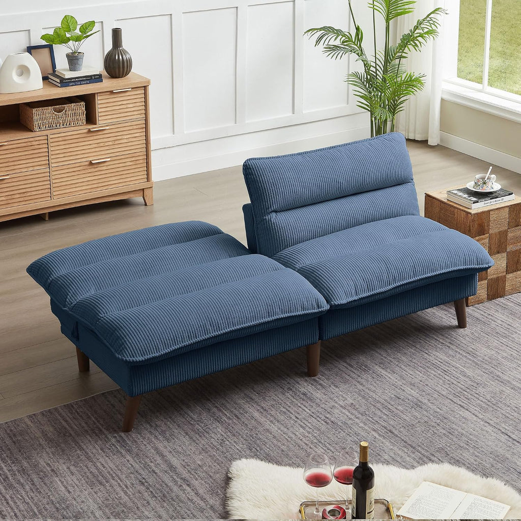 72' Futon Sofa Bed, Futon Couch with Adjustable Backrest, Recliner Small Loveseat for Living Room, Office, Apartment, Corduroy Loveseat, Blue