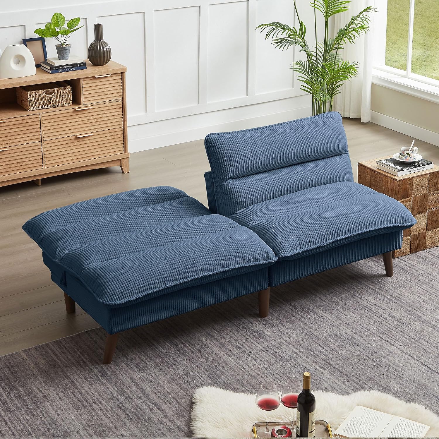 72' Futon Sofa Bed, Futon Couch with Adjustable Backrest, Recliner Small Loveseat for Living Room, Office, Apartment, Corduroy Loveseat, Blue