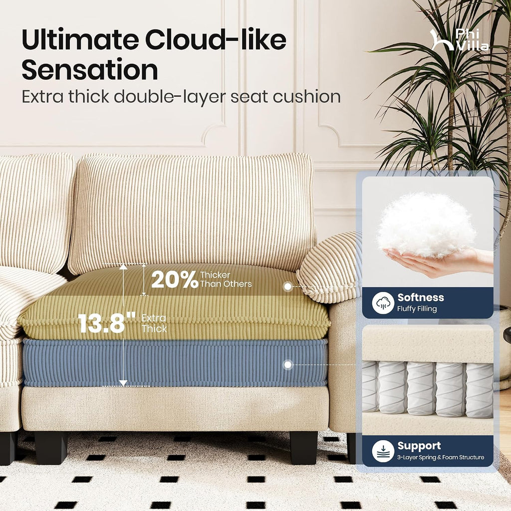 PHI VILLA Cloud Oversized Sectional Sofas, Single Sofa with Deep Seat for Living Room Reading Nook, Chenille Corduroy Dual Fabric, Beige
