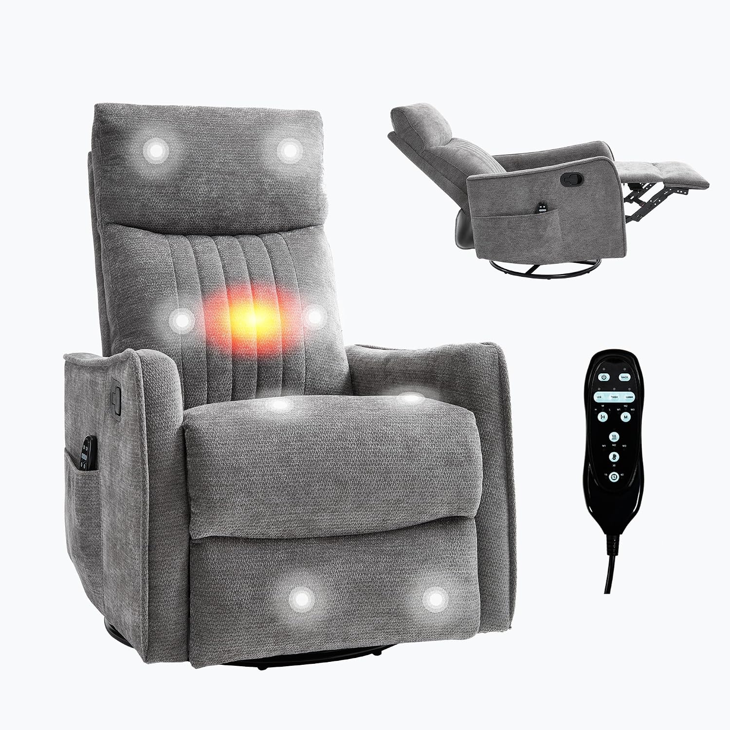 Casaphoria 360° Swivel Rocking Recliner Chair with Heat and Massage Upholstered Fabric Nursery Glider with Side Pocket for Living Room,Bedroom,Home Theater and RV Small Space(Dark Gray)
