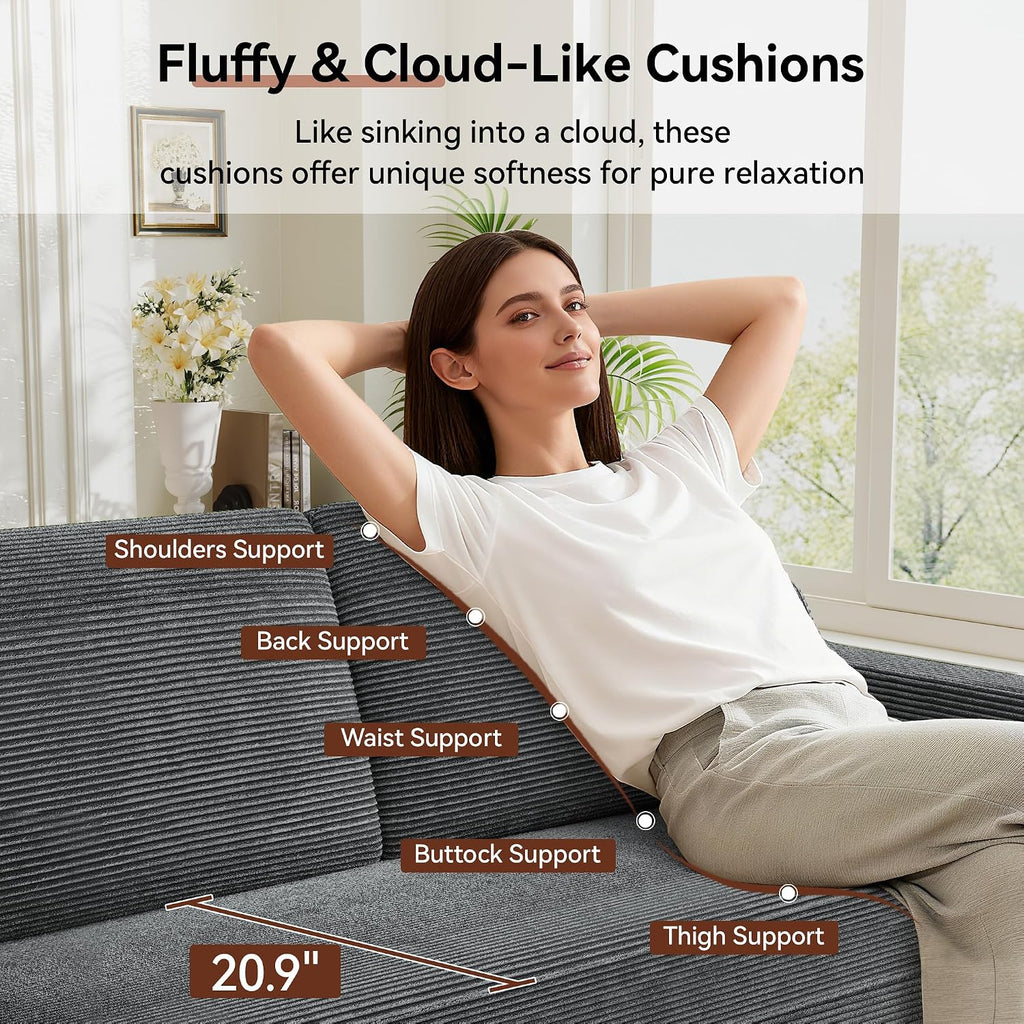 Vipbear 65.4' Loveseat Sofa Grey Corduroy Couch, Mid-Century Modern Small Couches for Living Room, Bedroom, Office, Comfy Sofa with Spring Cushion, Solid Wood Frame, Tool-Free Assembly