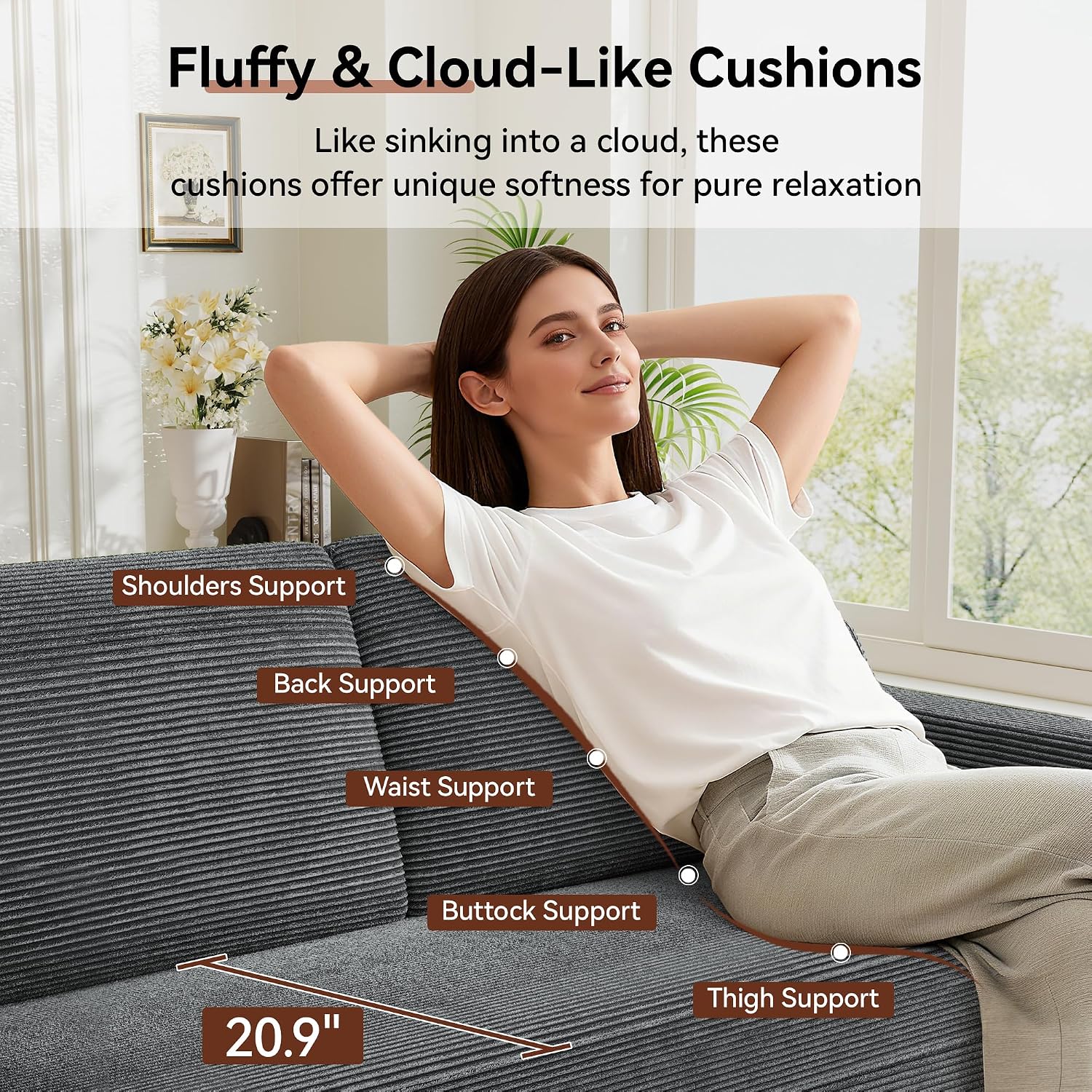 Vipbear 65.4' Loveseat Sofa Grey Corduroy Couch, Mid-Century Modern Small Couches for Living Room, Bedroom, Office, Comfy Sofa with Spring Cushion, Solid Wood Frame, Tool-Free Assembly