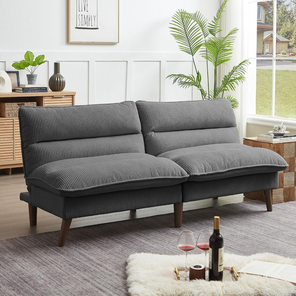 72' Futon Sofa Bed, Futon Couch with Adjustable Backrest, Recliner Small Loveseat for Living Room, Office, Apartment, Corduroy Loveseat, Dark Grey