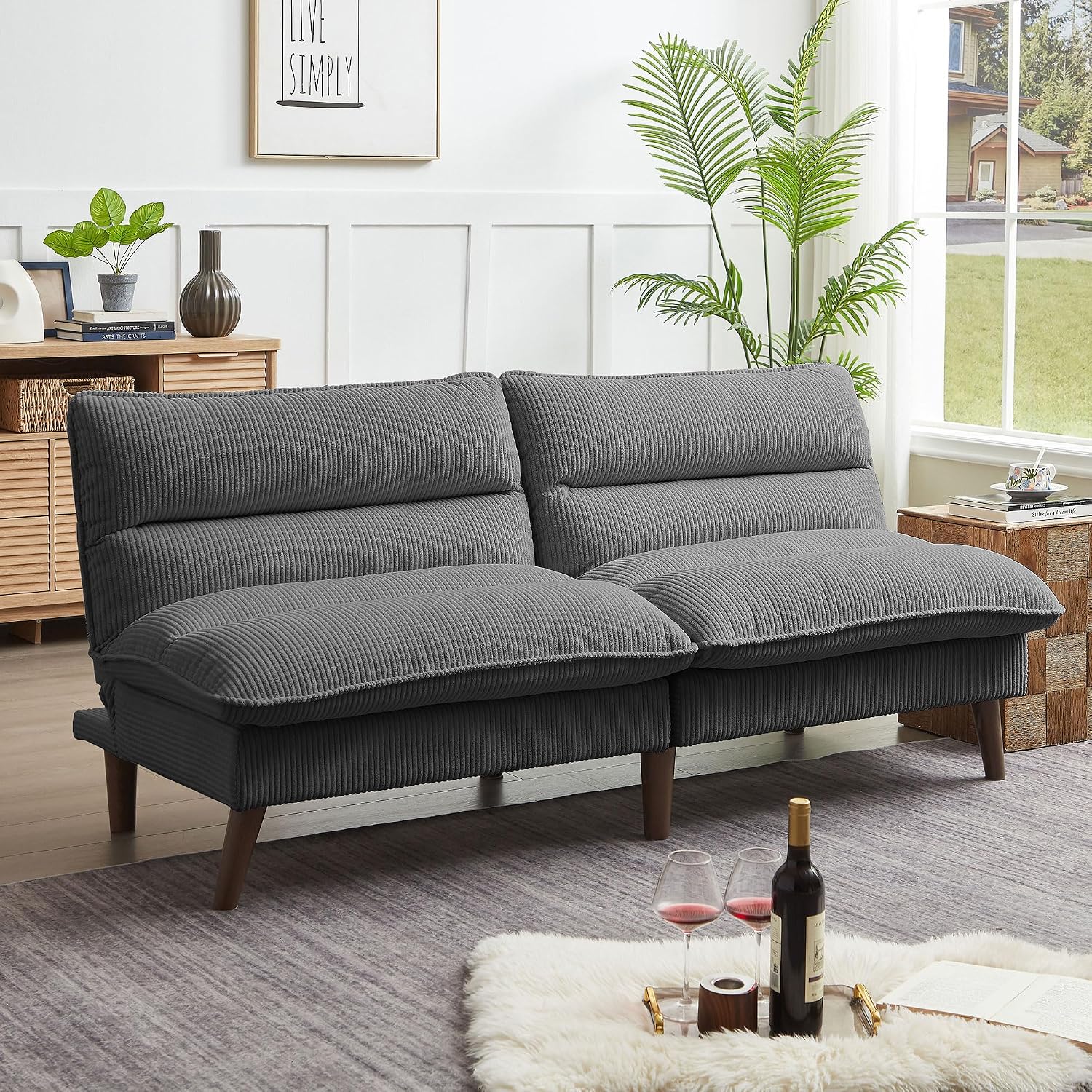 72' Futon Sofa Bed, Futon Couch with Adjustable Backrest, Recliner Small Loveseat for Living Room, Office, Apartment, Corduroy Loveseat, Dark Grey
