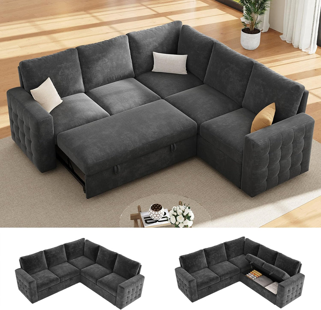 86' Sectional Sleeper Sofa Bed, Sleeper Couch with Pull out Bed, L Shaped Couch with Storage, Modular Sectional Sofa， Sectional Couches for Living Room&Apartment, Convertible Sofas, Gray Couches