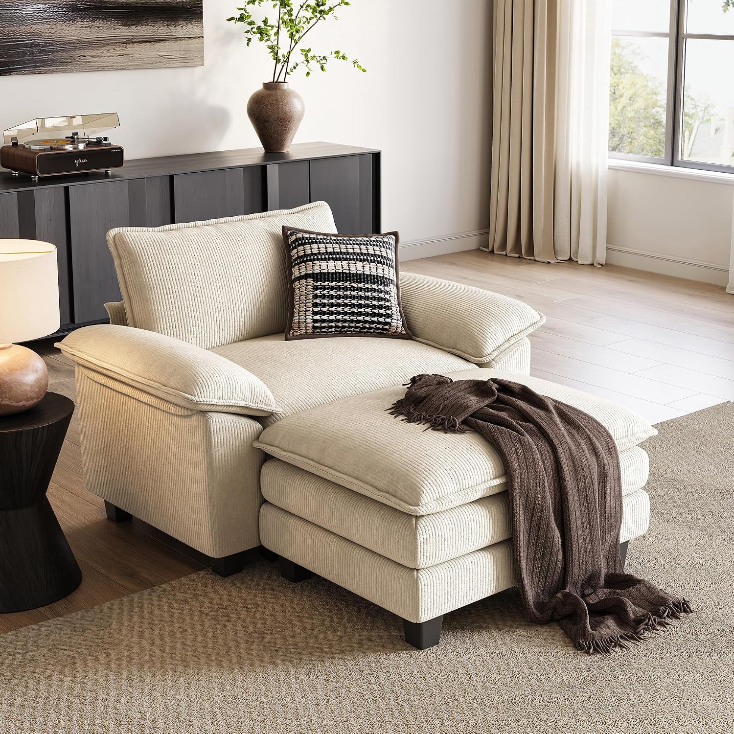 LINSY HOME Cloud Sofa Accent Chair with Ottoman Chaise Lounge Chair Indoor, Corduroy Couch Sofa Chair for Living Room Apartment Bedroom Office, Beige
