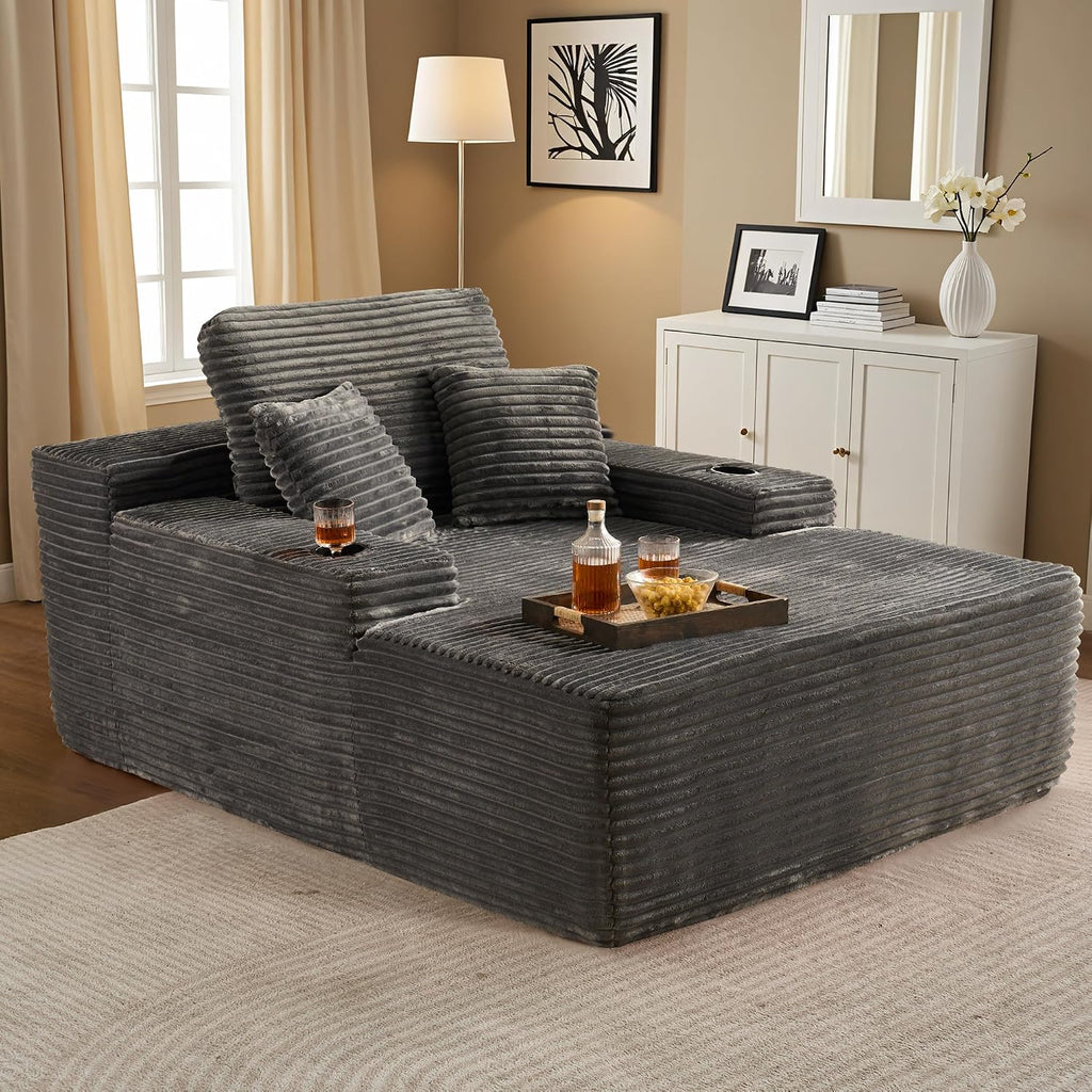 ovios 67'' Chaise Lounge Chair Indoor, Oversized Upholstered Boneless Sofa Bed with Cup Holders, Deep Seat Sleeper Couch, Plush Cloud Sofas Couches for Living Room (Faux Fur, Grey)