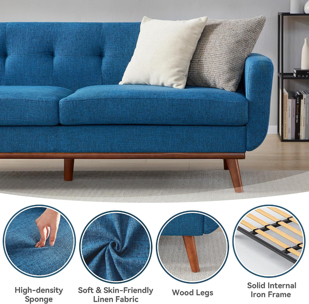 Kingfun 77.2' W Loveseat Sofa, Mid Century Modern Decor Love Seat Couches for Living Room, Button Tufted Upholstered Furniture, Solid & Easy to Install Small Couch for Bedroom Office Apartment, Blue
