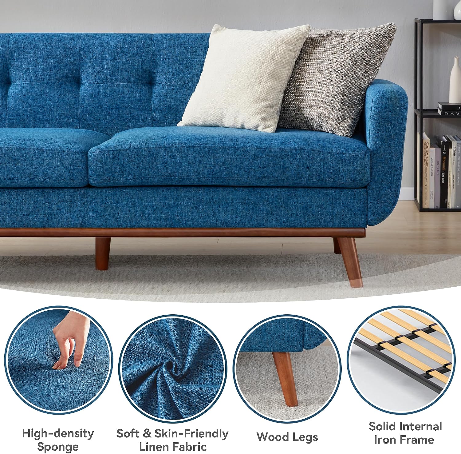 Kingfun 77.2' W Loveseat Sofa, Mid Century Modern Decor Love Seat Couches for Living Room, Button Tufted Upholstered Furniture, Solid & Easy to Install Small Couch for Bedroom Office Apartment, Blue