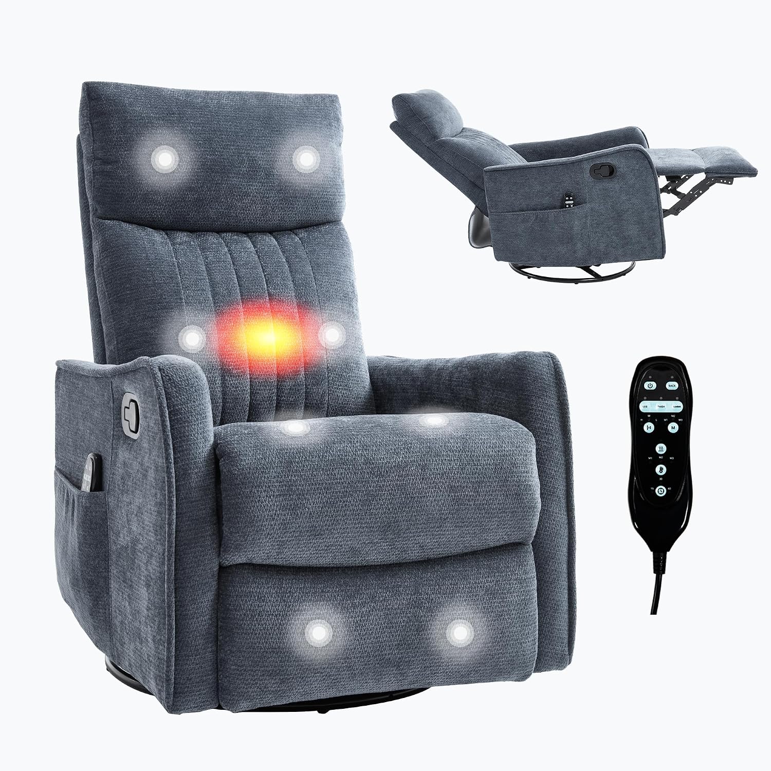 Casaphoria 360° Swivel Rocking Recliner Chair with Heat and Massage Upholstered Fabric Nursery Glider with Side Pocket for Living Room,Bedroom,Home Theater and RV Small Space(Blue)