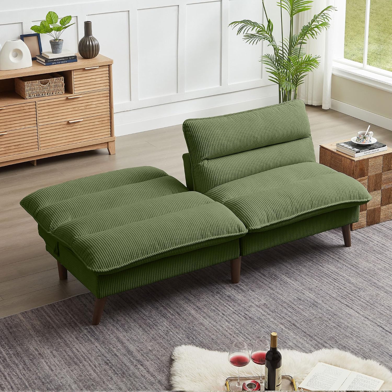 72' Futon Sofa Bed, Futon Couch with Adjustable Backrest, Recliner Small Loveseat for Living Room, Office, Apartment, Corduroy Loveseat, Green