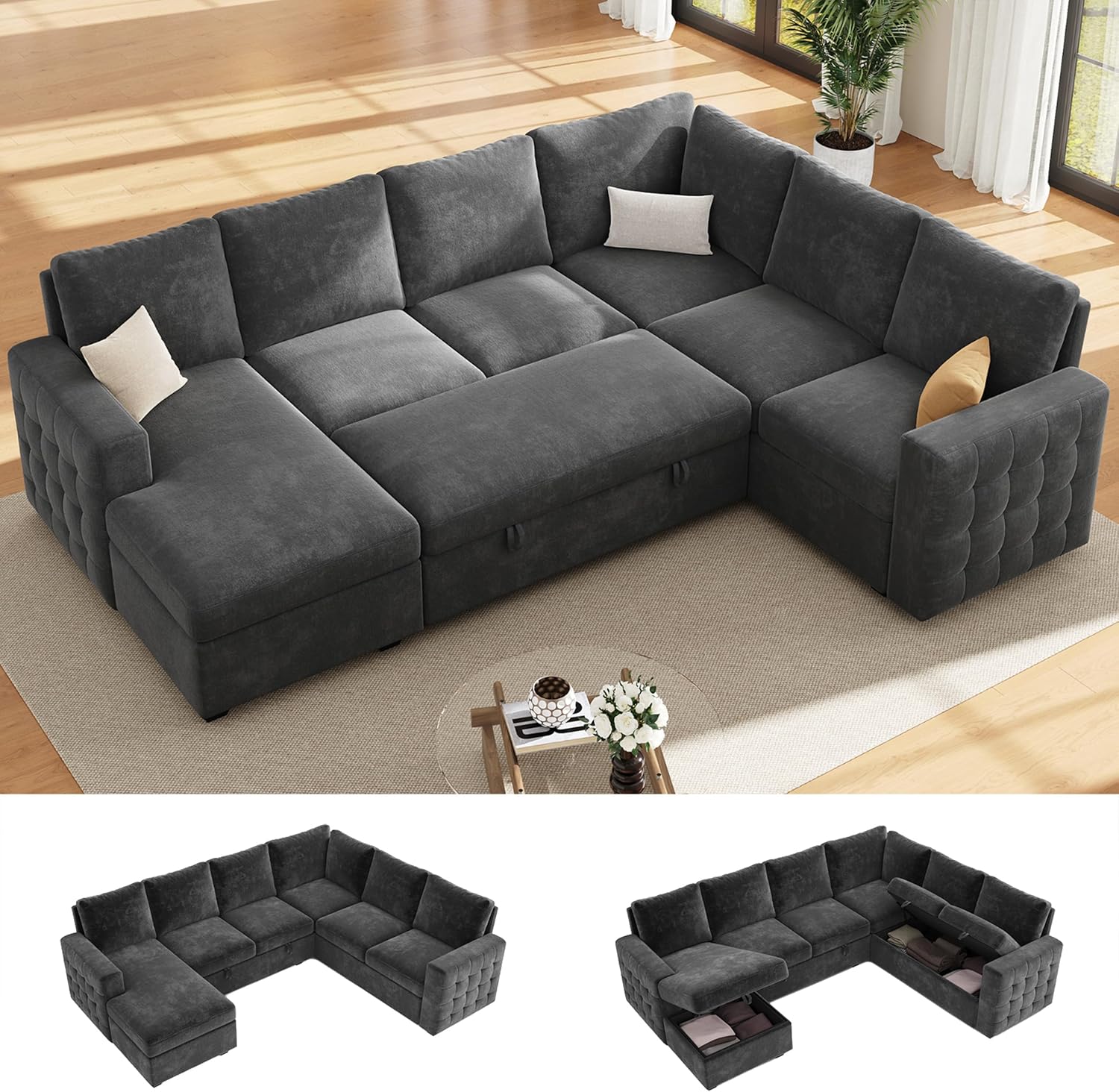 104' Sectional Sleeper Sofa Bed, Pull Out Couch with Storage, Modular Cloud Sofa with Chaise, 7 Seat U Shaped Sectional Couches for Living Room& Apartment, Convertible Sofas, Gray Couch