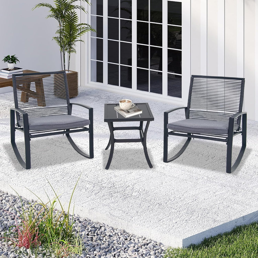 Domi Outdoor 3-Piece Wicker Rocking Chair Set, Patio Conversation Set with Removable Textilene Cushions & Metal Coffee Table, All-Weather Outside Chair Set of 3 for Balcony, Backyard, Pool, Grey
