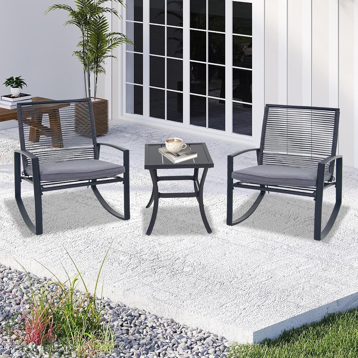 Domi Outdoor 3-Piece Wicker Rocking Chair Set, Patio Conversation Set with Removable Textilene Cushions & Metal Coffee Table, All-Weather Outside Chair Set of 3 for Balcony, Backyard, Pool, Grey