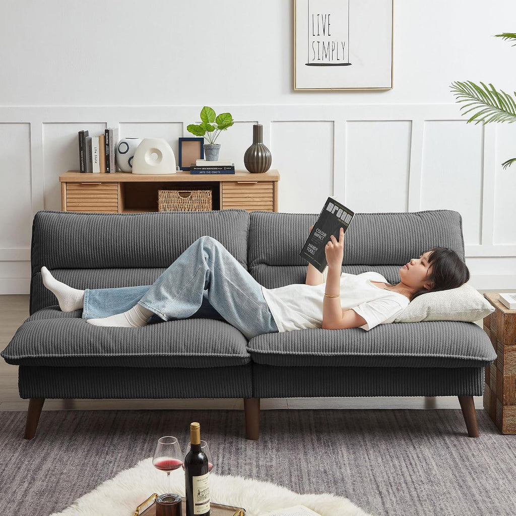 72' Futon Sofa Bed, Futon Couch with Adjustable Backrest, Recliner Small Loveseat for Living Room, Office, Apartment, Corduroy Loveseat, Dark Grey
