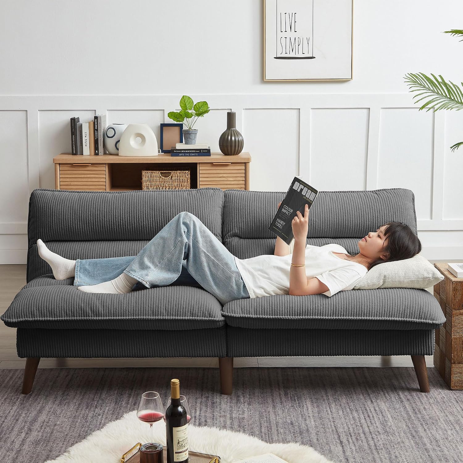 72' Futon Sofa Bed, Futon Couch with Adjustable Backrest, Recliner Small Loveseat for Living Room, Office, Apartment, Corduroy Loveseat, Dark Grey