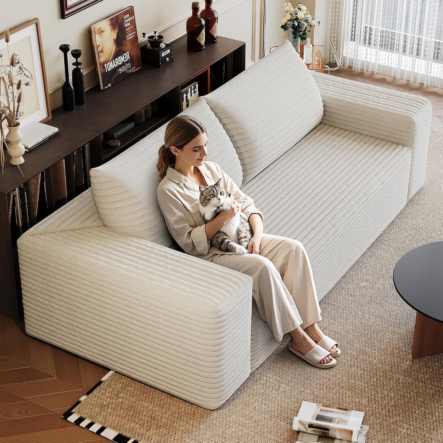 Ball & Cast 71' Cloud Loveseat Sofa No Assembly Required Comfy Deep Seat Couch with Pillows,Corduroy Fabric,1 pcs for Living Room, Bedroom,Apartment,White