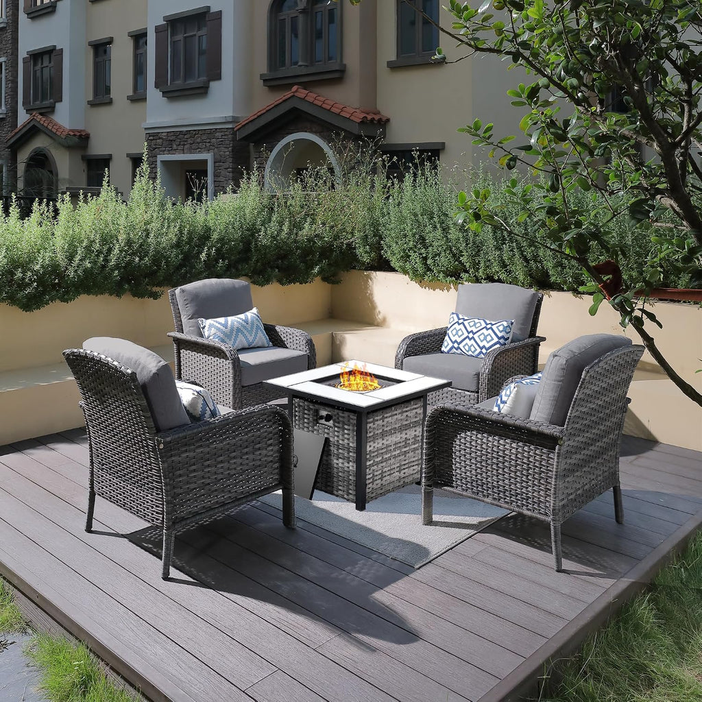 ovios 5-Piece Patio Furniture Set, Outdoor Wicker Sofa with Chairs Fire Pit Table, High Back Rattan Chair with Comfy Cushions for Porch Yard Deck, Dark Grey