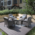 ovios 5-Piece Patio Furniture Set, Outdoor Wicker Sofa with Chairs Fire Pit Table, High Back Rattan Chair with Comfy Cushions for Porch Yard Deck, Dark Grey