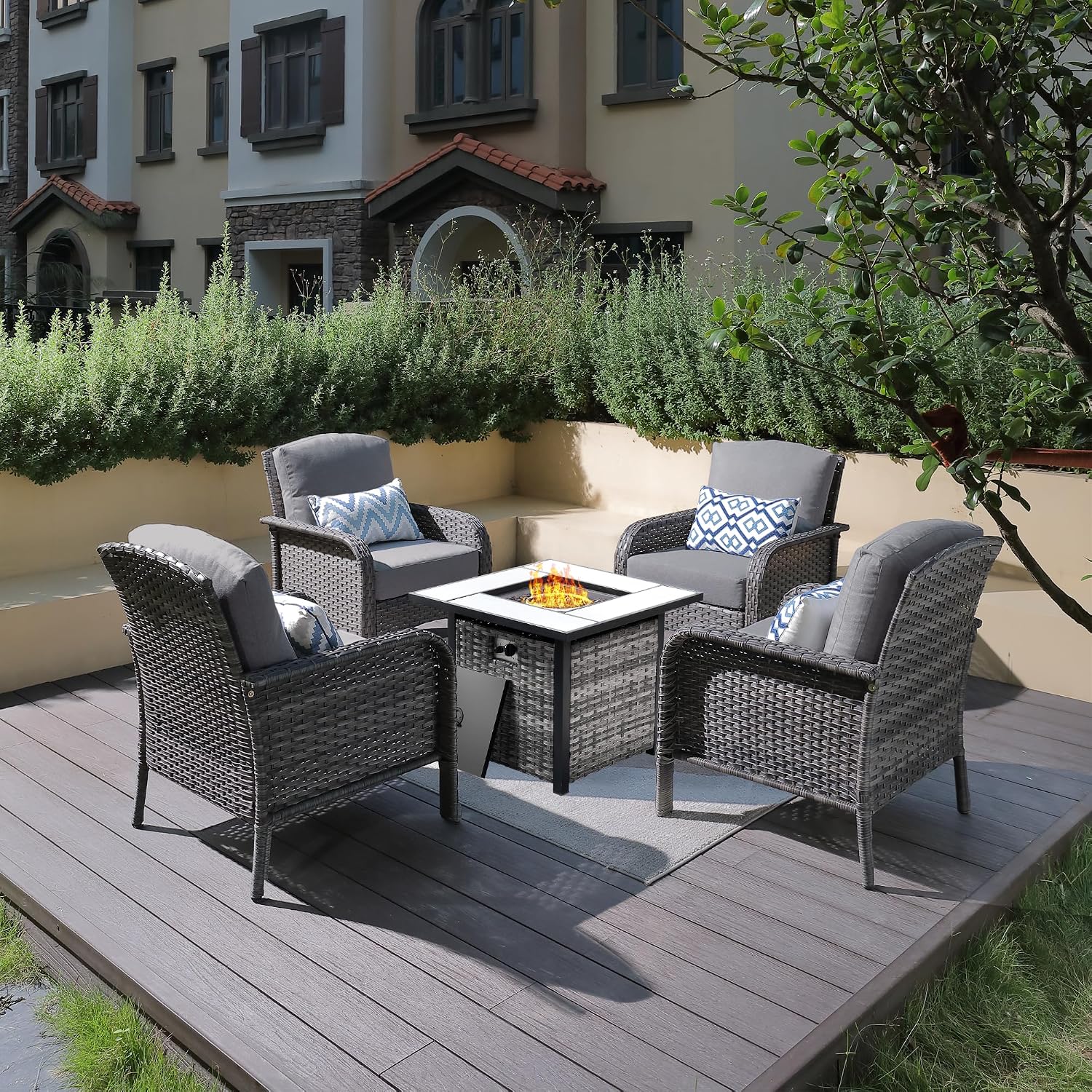 ovios 5-Piece Patio Furniture Set, Outdoor Wicker Sofa with Chairs Fire Pit Table, High Back Rattan Chair with Comfy Cushions for Porch Yard Deck, Dark Grey