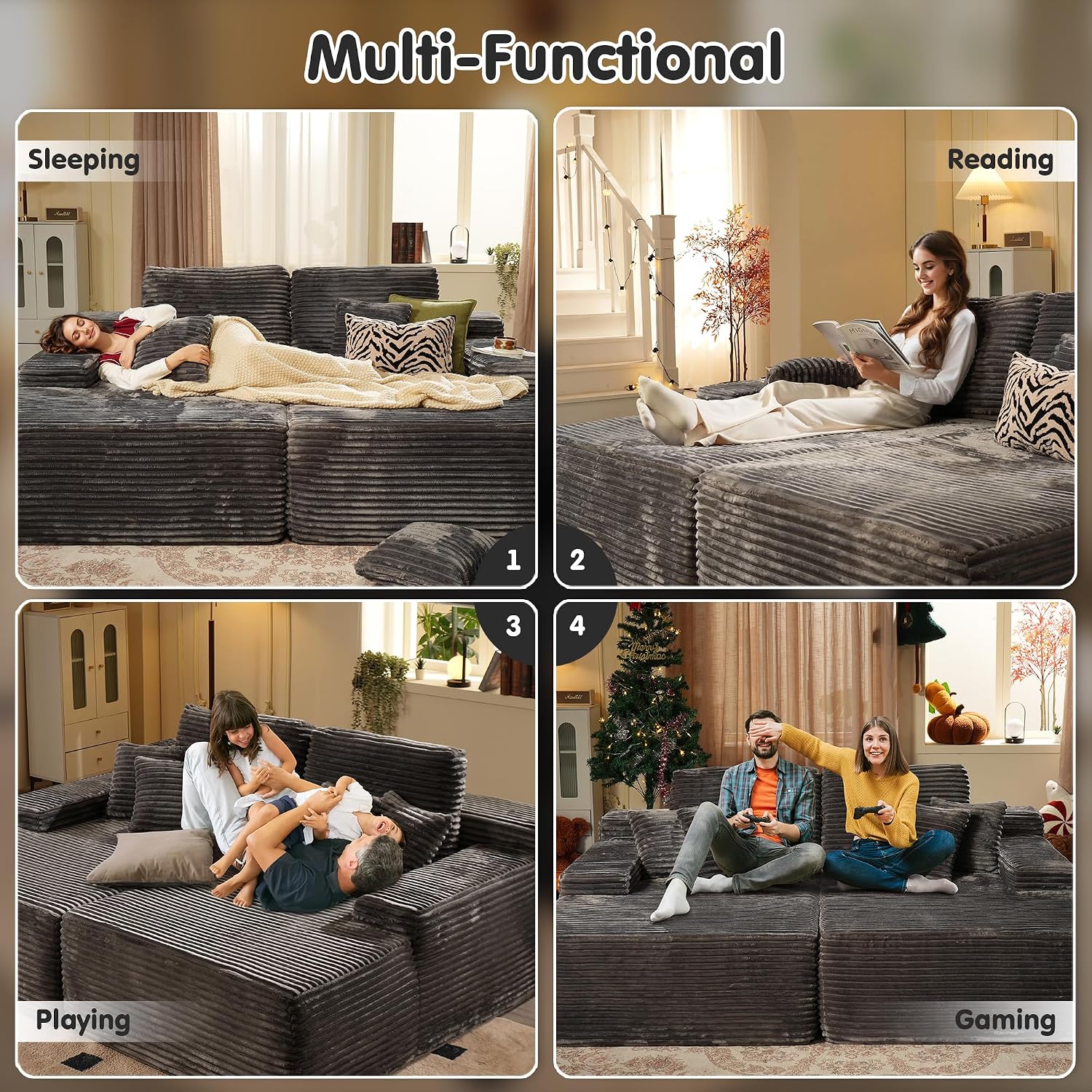 ovios 75' Oversized Sectional Double Lounge Chaise with Cloud Plush Sofa Bed, No Assembly Required, Fluffy Modern Sleeper Loveseat Chair for Indoor Living Room Bedroom Reading, Grey