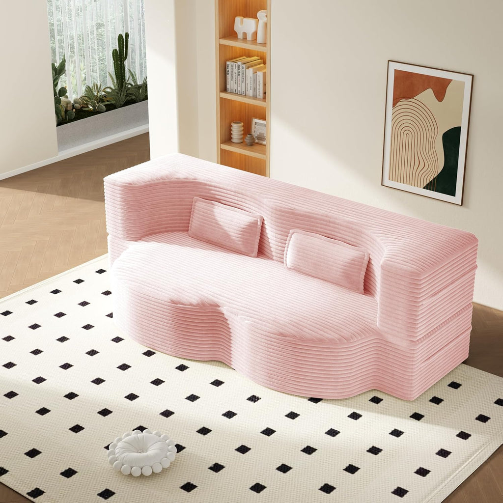 78' Twin Size Convertible Folding Sleeper Sofa Bed, Corduroy Futon Sofa Bed with Pillow, Foam Mattress Loveseat Cloud Couch, No Assembly Floor Couches for Living Room, Playroom, Apartment Baby Pink