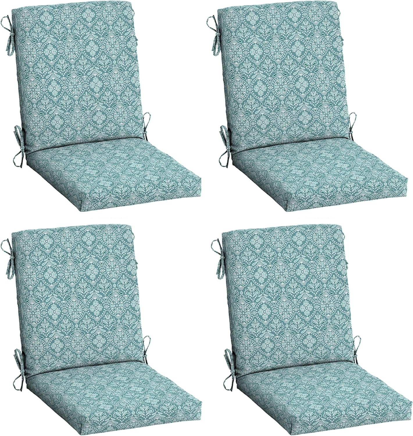 Arden 4-Pack Outdoor Patio Dining Chair Cushion, 20x44, Rain-Proof Seat Pad, Fade-Resistant Outdoor Cushion Turquoise Daphne Medallion
